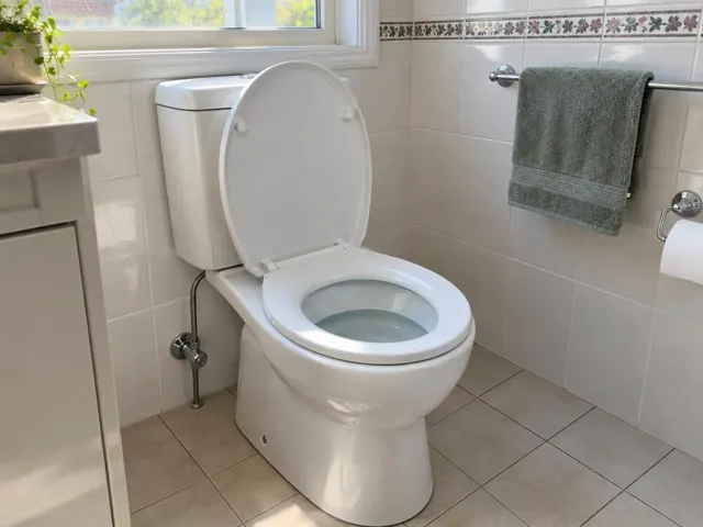 Clean white toilet in a tiled bathroom with open lid and towel rail in Waitara