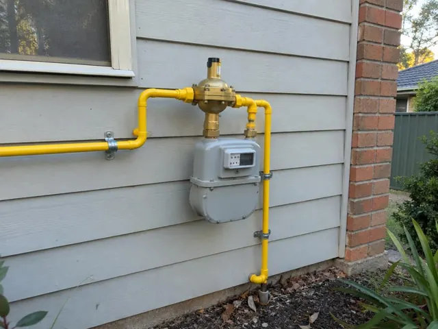 Exterior gas meter with yellow pipework on a weatherboard wall beside a brick corner in Mount Colah